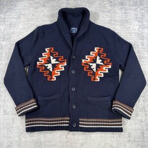 Lucky Brand Sweater Womens XL Navy Blue Cardigan Lambswool Southwestern Aztec